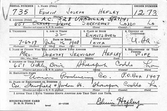 Edwin Joseph Hefley, Sr., WWII Draft Card, Ca. 1940 (Source: ancestry.com via Woodling)