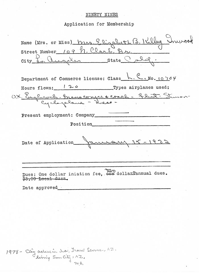 Elizabeth Kelley, Ninety-Nines Application, January 15, 1932 (Source: Kelley Family)