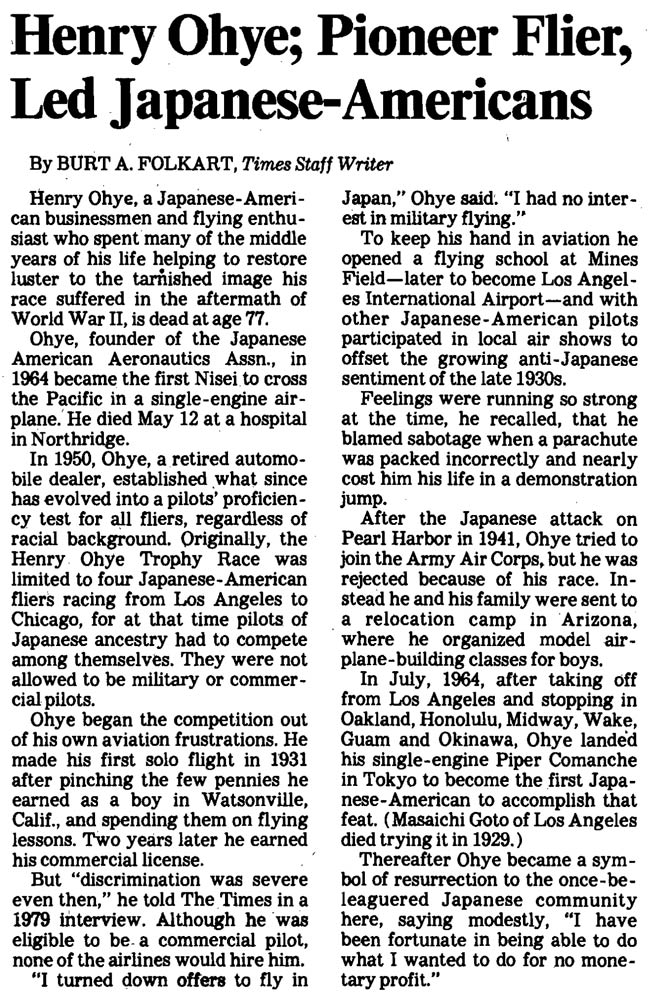 Henry Ohye, Obituary, Los Angeles Times, May  12, 1987 (Source: Underwood)
