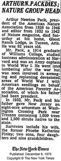 Arthur Pack, Obituary, The New York Times, December 8, 1975 (Source: NYT)