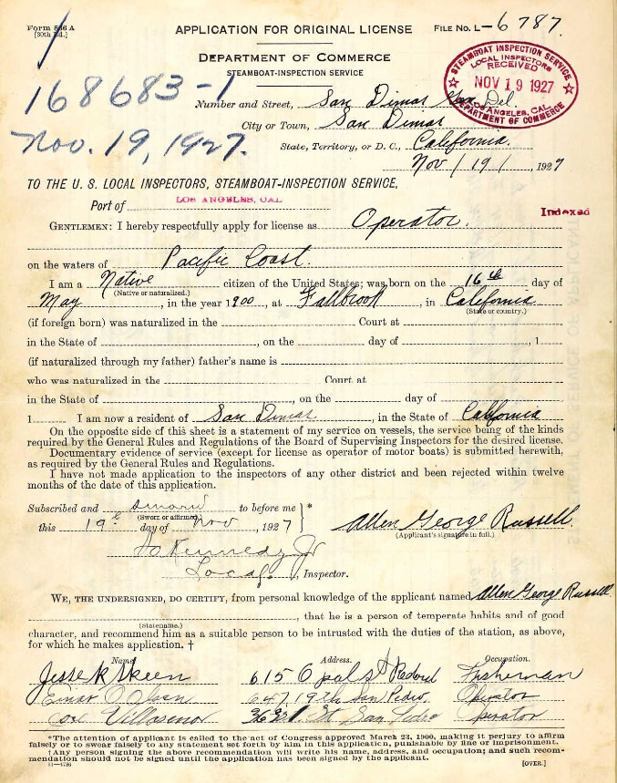 Application for Motor Boat License, 1927 (Source: ancestry.com)