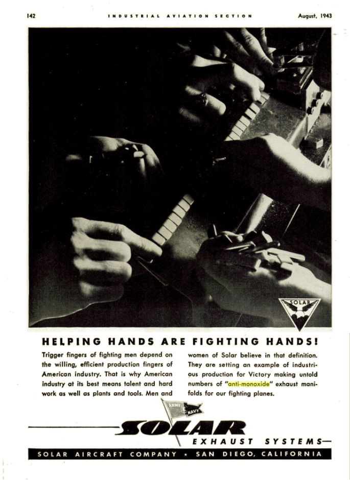 Solar "Anti-Monoxide" Exhaust Manifold Advertisement, Flying Magazine, August 1942 (Source: Web)