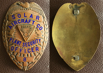 Solar Aircraft Company Security Badge, Ca. 1940s (Source: Whitney) 