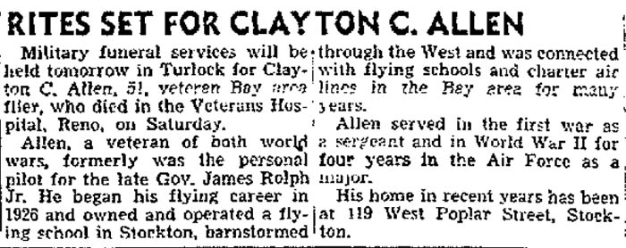 Clayton Allen Obituary, Oakland Tribune, September 7, 1948 (Source: Woodling)