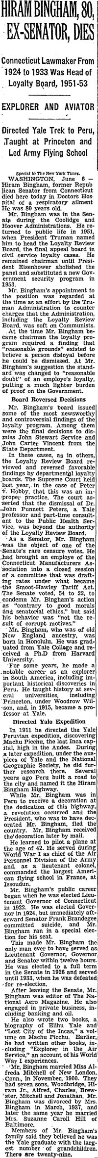 Hiram Bingham, Obituary, June 6, 1956 (Source: NYT)