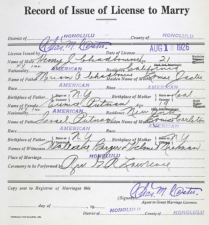 H.J. Chadbourne Marriage Certificate, August 18, 1926 (Source: ancestry.com) 