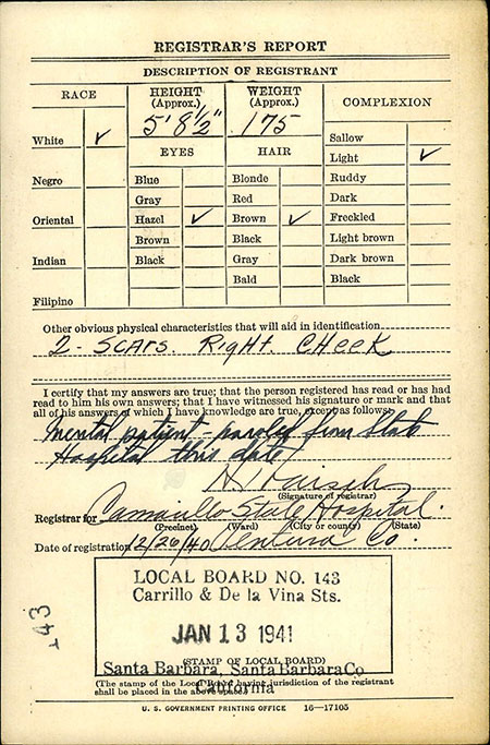H.J. Chadbourne Draft Registration, December 26, 1940 (Source: ancestry.com) 