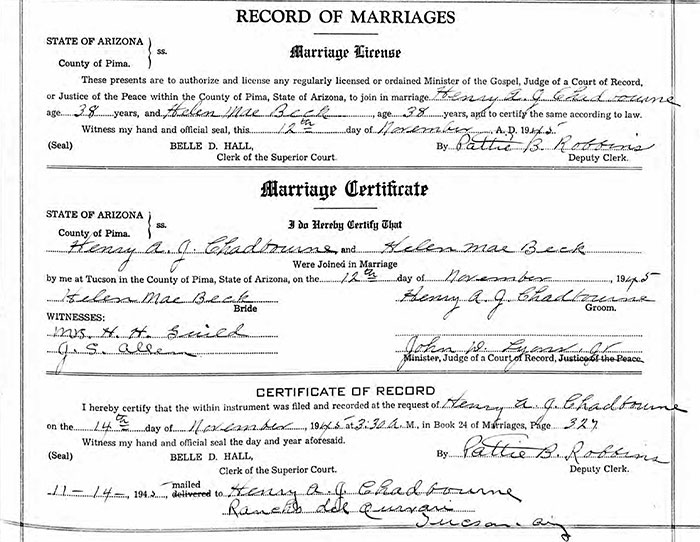 H.J. Chadbourne Marriage Certificate, November 12, 1945 (Source: ancestry.com) 