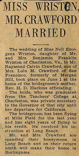 Crawford-Wriston Marriage, San Francisco Examiner, June 8, 1930 (Source: Crawford Family)
