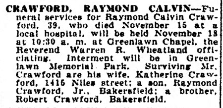 Ray Crawford Obituary, Bakersfield Californian, November 17, 1944 (Source: Woodling) 