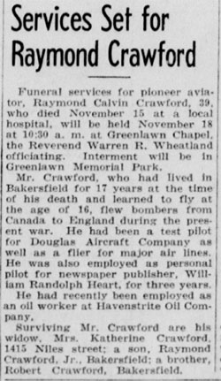 Ray Crawford, Obituary, Bakersfield, CA, November 15, 1944 (Source: Woodling) 