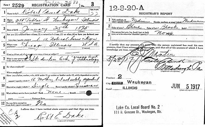 Robert Dake WWI Draft Registration, June 5, 1917 (Source: ancestry.com)