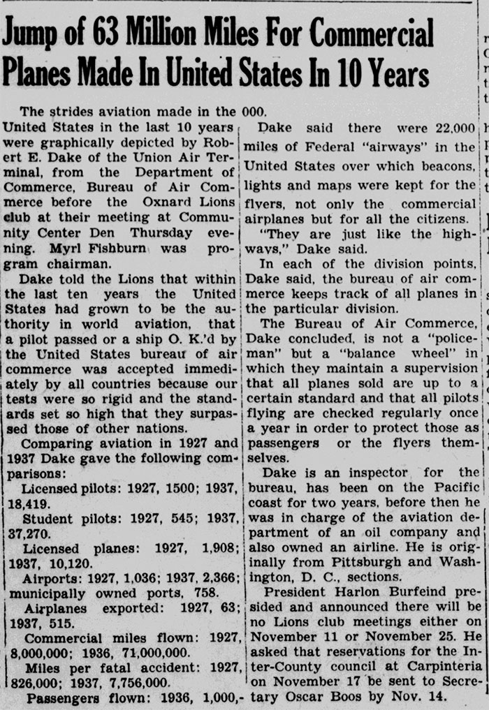 Oxnard Daily Courier (CA), November 5, 1937 (Source: newspaperarchive via Woodling)