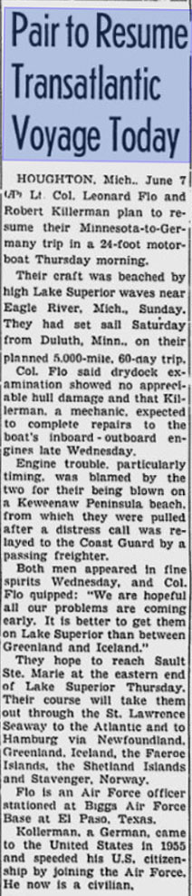 Boat Grounding, Milwaukee Sentinel, June 8, 1961 (Source: MS) 