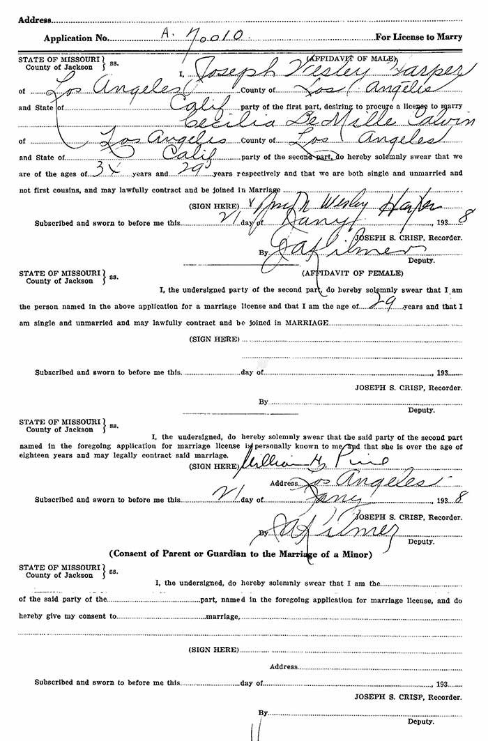J.W. Harper & Cecelia DeMille Calvin, Marriage License, January 21, 1938 (Source: ancestry.com)