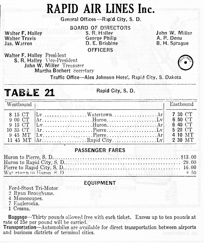 Rapid Air Lines Time-Table, August, 1929 (Source: Woodling) 