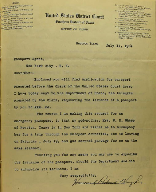 Passport Request, Howard Hughes, July 11, 1924 (Source: Ancestry.com) 