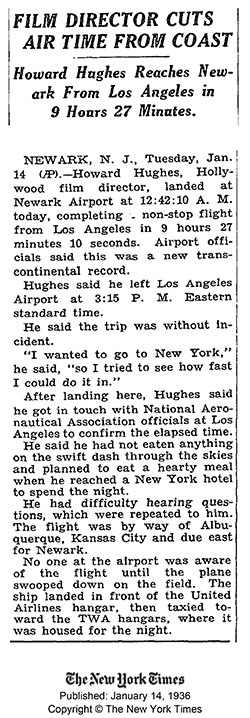 Northrop Transcontinental Record, January 14, 1936 (Source: NYT)