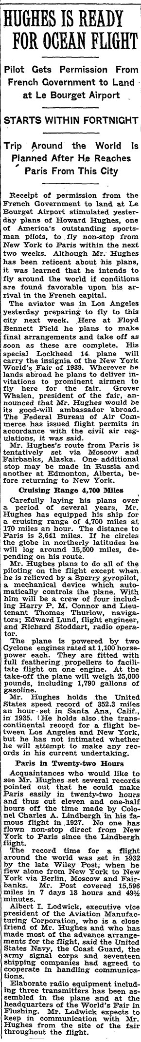 Hughes Global Flight, The New York Times, June 25, 1938 (Source: NYT)