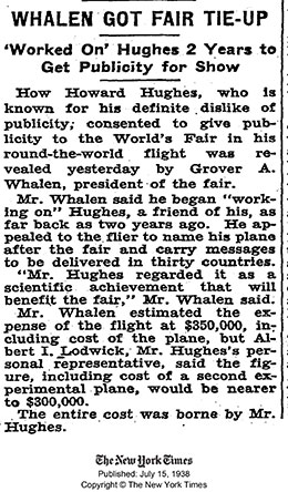 Hughes & the 1939 World's Fair, The New York Times, July 15, 1938 (Source: NYT)