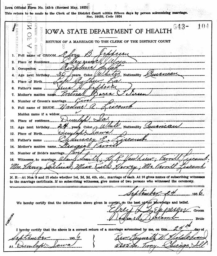 E.B. Jeppesen & Nadine A. Liscomb Marriage Certificate, September 24, 1936 (Source: ancestry.com)