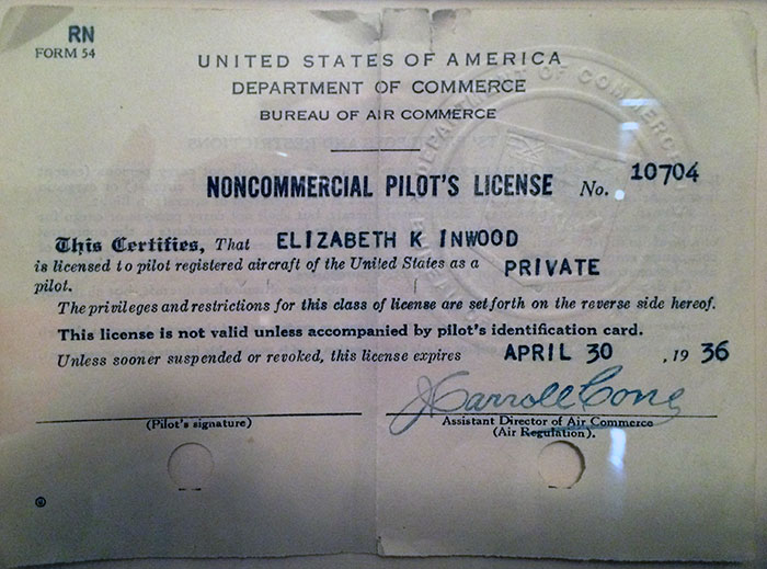 Elizabeth Inwood, April 30, 1936, Pilot License (Source: Kelley Family)