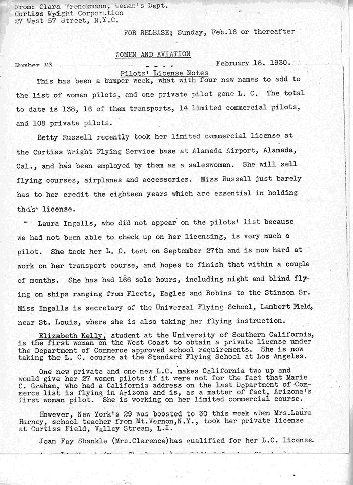Curtiss-Wright Company Press Release, February 16, 1930 (Source: Kelley Family)
