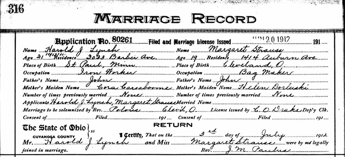 Jack Lynch and Margaret Strauss Marriage License, July 3, 1912 (Source: ancestry.com)