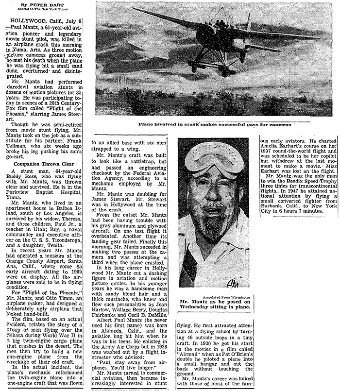 Paul Mantz Obituary, The New York Times, July 9, 1965 (Source: NYT)