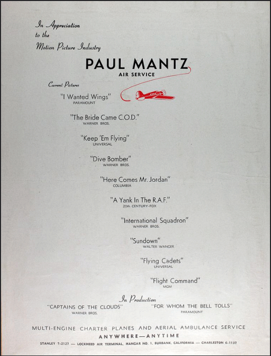 Paul Mantz Air Services Motion Picture Credits, Undated List (Source: SDAM)