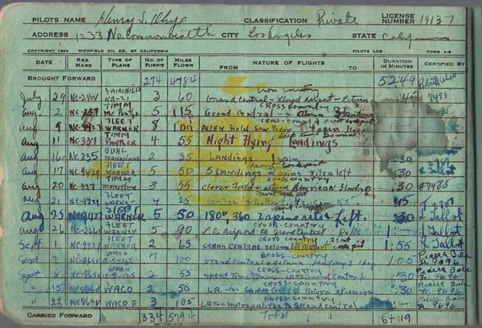 H. Ohye Pilot Log Book, First Landing at Clover Field, August 20, 1931 (Source: Ohye Family)