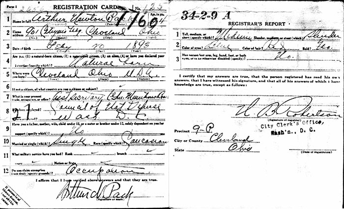 A.N. Pack Undated WWI Draft Registration (Source: ancestry.com) 