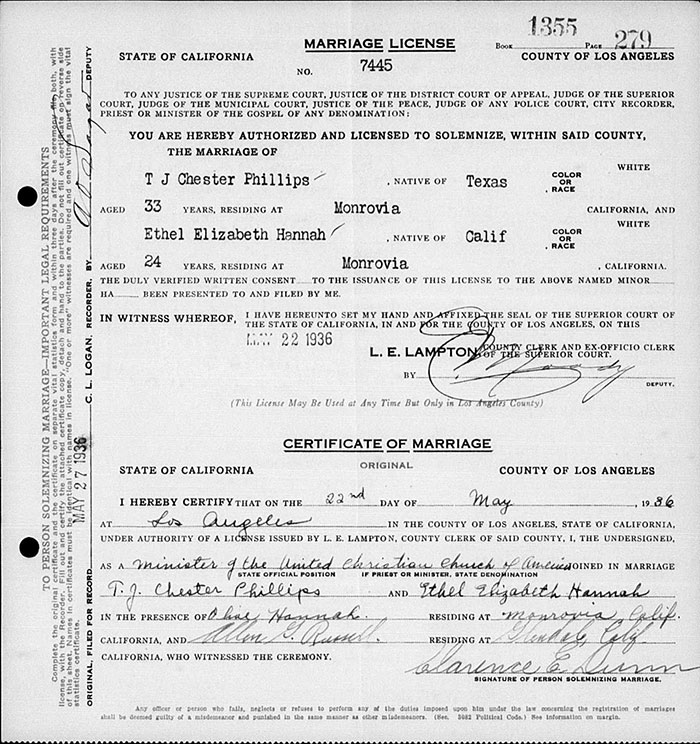 Phillips-Hannah Marriage License, May 22, 1936 (Source: Russell Family)