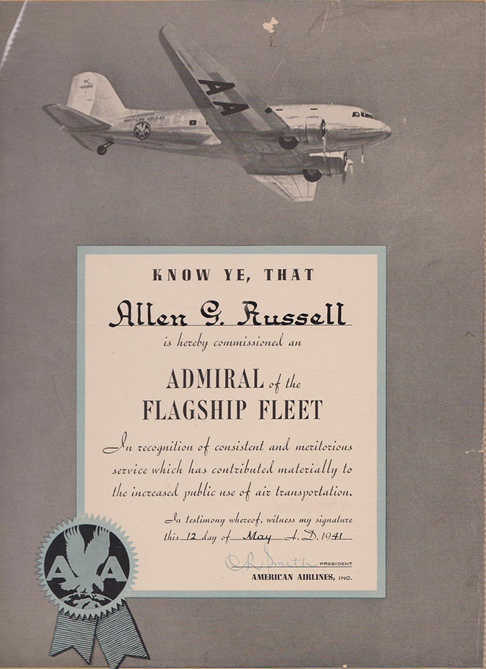 Allen Russell, American Airlines Certificate, May 12, 1941 (Source: Russell Family) 
