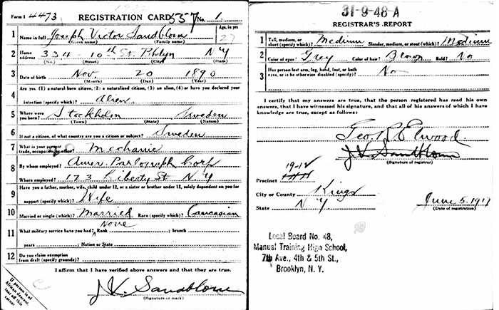 J.V. Sandblom, Draft Registration, June 5, 1917 (Source: ancestry.com) 