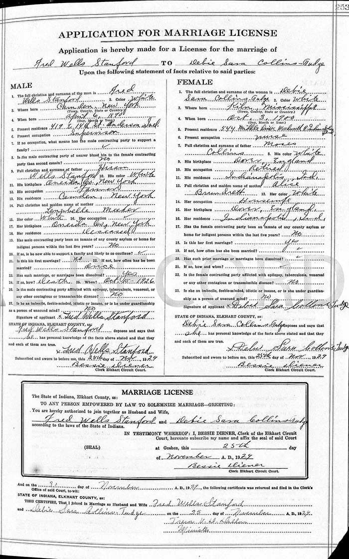 Debie Tudge-Collins & Fred Stanford Marriage Certificate, November 25, 1929 (Source: ancestry.com)