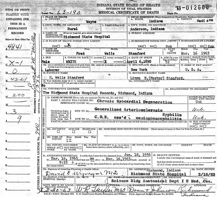 Fred Wells Stanford, Death Certificate, March 16, 1963 (Source: ancestry.com)