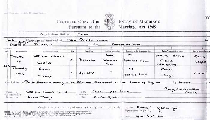 Sarah Tudge & William James Collins, Marriage Certificate, January 4, 1919 (Source: Tudge/Riley Family)