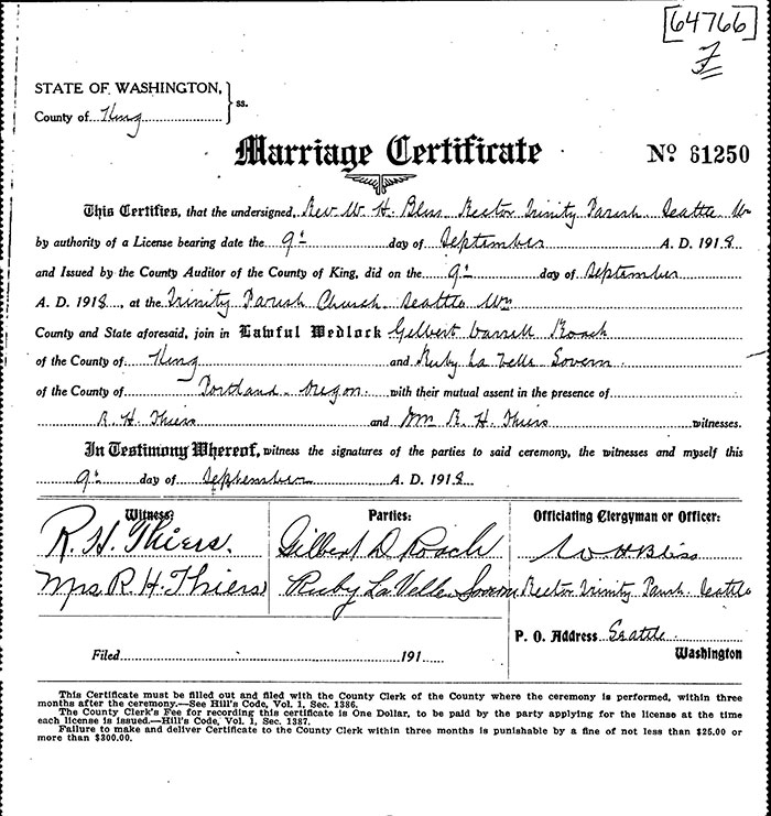 Ruby LaVelle Sweeley & G.D. Roach, Marriage Certificate, September 8, 1918 (Source: Woodling) 