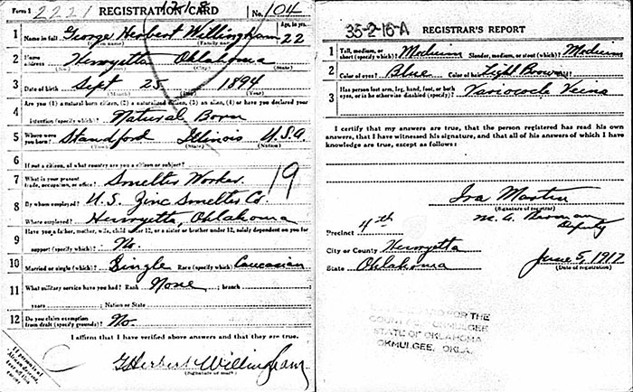 G.H. Willingham, WWI Draft Registration, June 5, 1917 (Source: ancestry.com) 